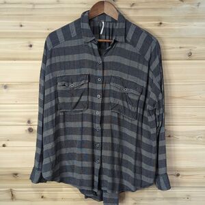 Free People Top Womens XS Gray Striped Button Front Relaxed Blouse